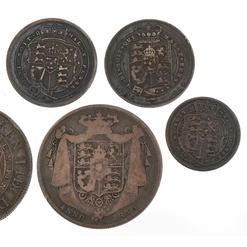 587 - George III and later British coinage comprising two half crowns dates 1818 and 1836, three sixpences... 