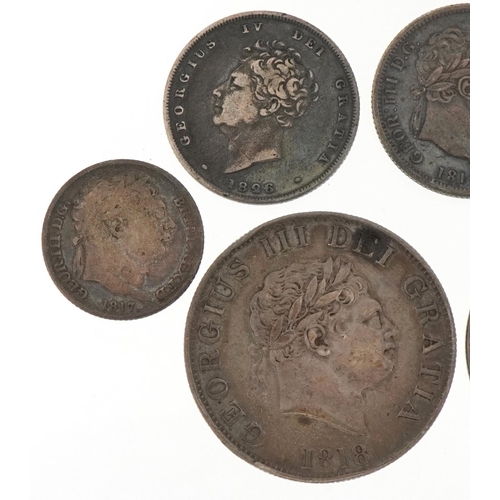 587 - George III and later British coinage comprising two half crowns dates 1818 and 1836, three sixpences... 