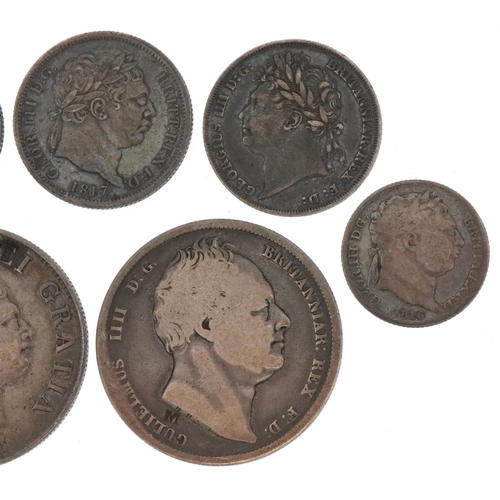 587 - George III and later British coinage comprising two half crowns dates 1818 and 1836, three sixpences... 