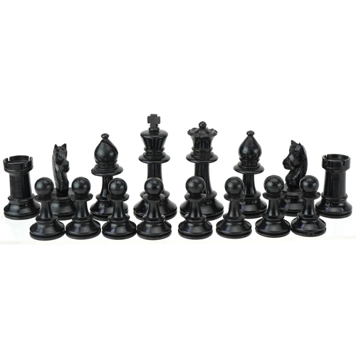 1501 - Boxwood and ebony Staunton pattern chess set housed in a pine case with slide lid, the largest piece... 