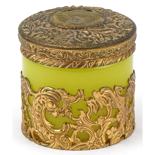 1417 - French yellow pressed glass jar with pierced gilt brass mount and lid with portrait of Queen Elizabe... 