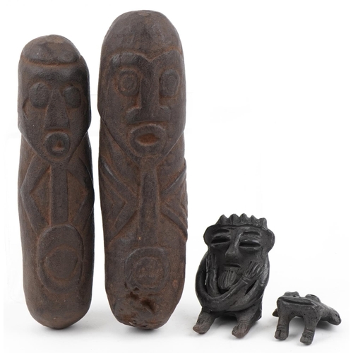 533 - Native American Pre Columbian artefacts including two phallus figures, the largest 26.5cm in length