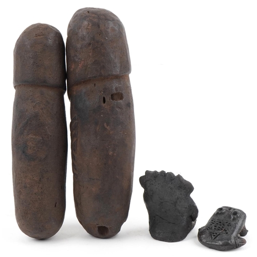 533 - Native American Pre Columbian artefacts including two phallus figures, the largest 26.5cm in length