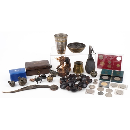 1305 - Sundry items including Roman style bronze oil lamp, powder flask and coinage