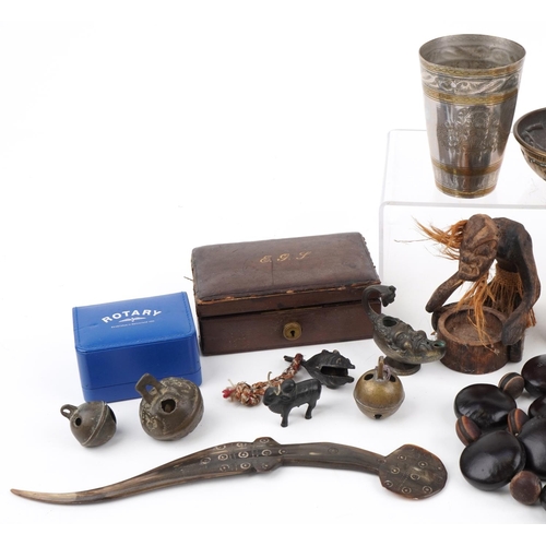 1305 - Sundry items including Roman style bronze oil lamp, powder flask and coinage