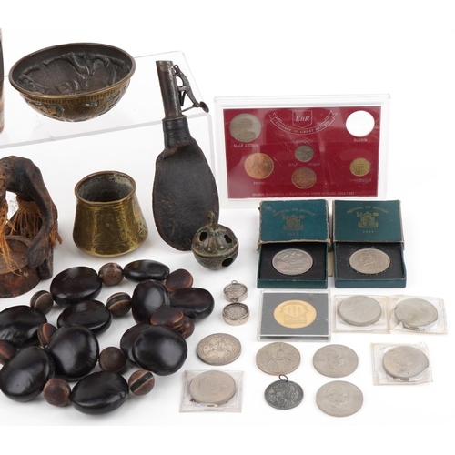 1305 - Sundry items including Roman style bronze oil lamp, powder flask and coinage