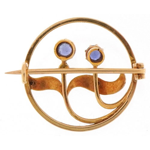 2047 - Art Nouveau 15ct gold sapphire and seed pearl floral brooch, 2.5cm in diameter, 6.0g