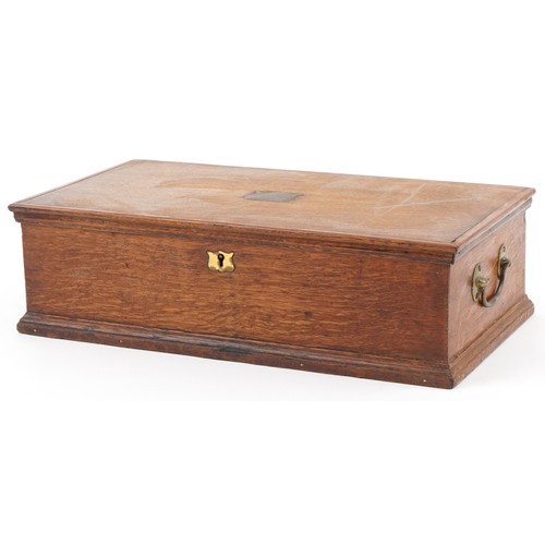 1447 - 19th century oak workbox with fitted lift out interior and brass carrying handles, 14.5cm H x 48cm W