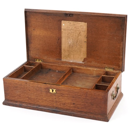 1447 - 19th century oak workbox with fitted lift out interior and brass carrying handles, 14.5cm H x 48cm W