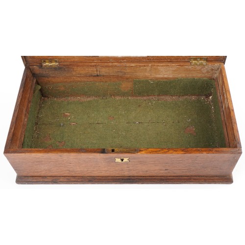 1447 - 19th century oak workbox with fitted lift out interior and brass carrying handles, 14.5cm H x 48cm W