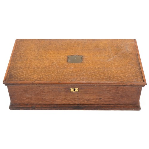 1447 - 19th century oak workbox with fitted lift out interior and brass carrying handles, 14.5cm H x 48cm W