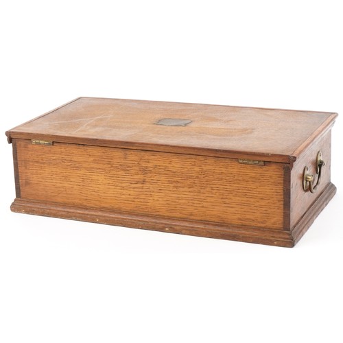 1447 - 19th century oak workbox with fitted lift out interior and brass carrying handles, 14.5cm H x 48cm W