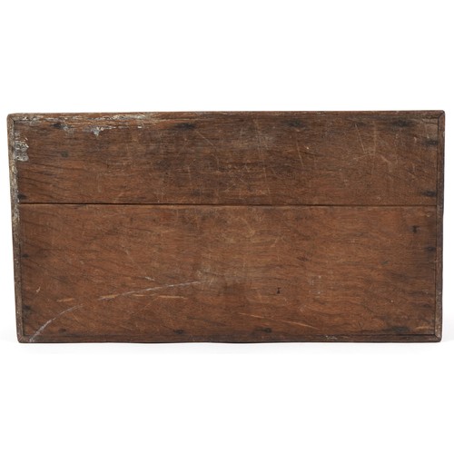 1447 - 19th century oak workbox with fitted lift out interior and brass carrying handles, 14.5cm H x 48cm W