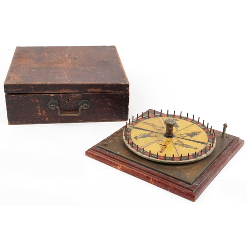 1499 - Vintage French novelty Roulette style wheel game with worldly figures, housed in a painted pine case... 