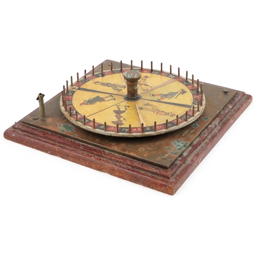 1499 - Vintage French novelty Roulette style wheel game with worldly figures, housed in a painted pine case... 