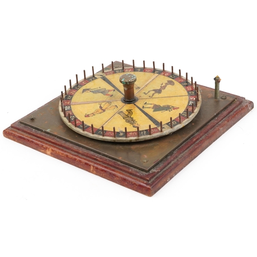 1499 - Vintage French novelty Roulette style wheel game with worldly figures, housed in a painted pine case... 