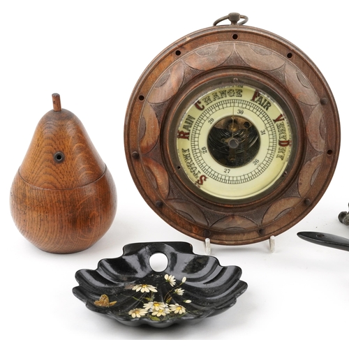 1389 - Sundry items including a 19th century oak string box in the form of a pear, pair of bronzed candlest... 