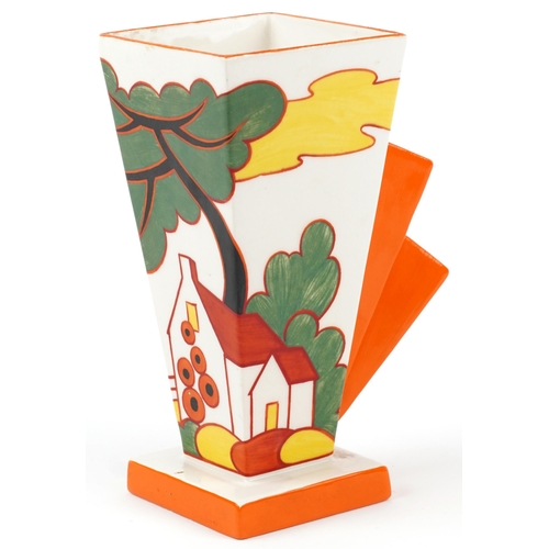 1158 - Wedgwood Clarice Cliff Bizarre 461 vase with box hand painted in the Red Roofs pattern, the vase 19.... 