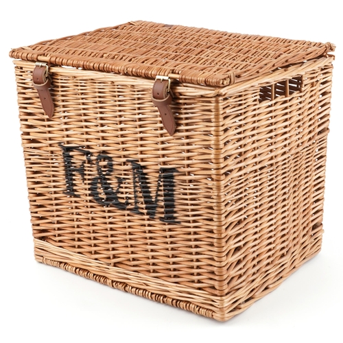 1290 - Fortnum & Mason advertising wicker basket, 42.5cm H x 46.5cm W x 37cm D