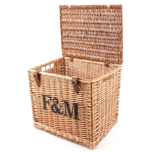 1290 - Fortnum & Mason advertising wicker basket, 42.5cm H x 46.5cm W x 37cm D