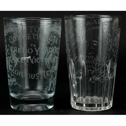 1400 - Two commemorative glass beakers including a Edward VII example, 12cm high