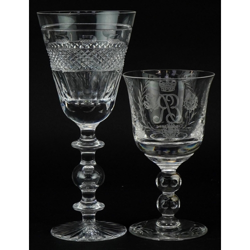 1328 - Predominantly commemorative glassware including a good quality cut oversized wine glass, Stuart gobl... 