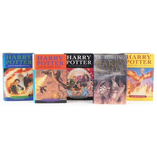 727 - Five Harry Potter first edition hardback books with dust jackets including Harry Potter and the Half... 