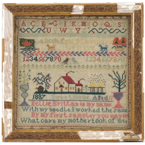 29 - Victorian needlework sampler worked by Nellie Brittan aged eleven, dated 1887, framed and glazed, 18... 