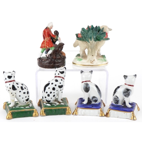 1427 - Chelsea and Staffordshire style porcelain figures and animals including two pairs of cats and a grou... 