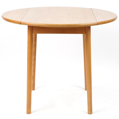 1108 - Ercol style lightwood drop end dining table with two stick back chairs, the table 74cm H x 55cm W x ... 