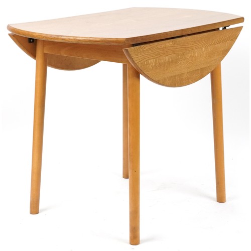 1108 - Ercol style lightwood drop end dining table with two stick back chairs, the table 74cm H x 55cm W x ... 