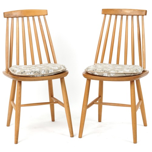 1108 - Ercol style lightwood drop end dining table with two stick back chairs, the table 74cm H x 55cm W x ... 