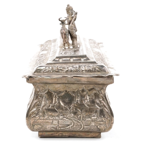 376 - Anglo Indian unmarked silver presentation box, the casket profusely embossed with a continuous town ... 