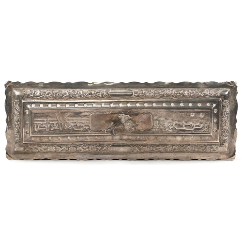 376 - Anglo Indian unmarked silver presentation box, the casket profusely embossed with a continuous town ... 