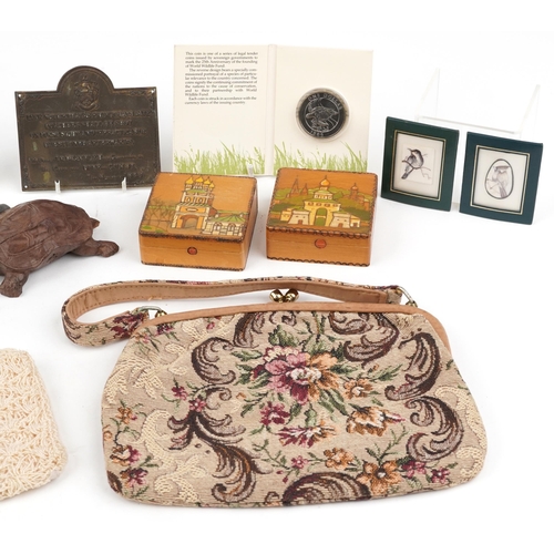 1408 - Sundry items including a Medusa roundel, silver hand mirror and a brass plaque relating to poaching