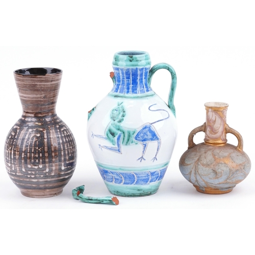 1436 - Three art pottery vases, including Rye, Moorish and and a scaffito example  the largest 29.5cm high