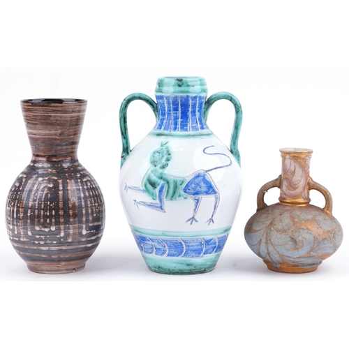 1436 - Three art pottery vases, including Rye, Moorish and and a scaffito example  the largest 29.5cm high