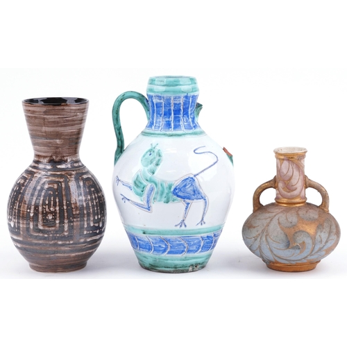 1436 - Three art pottery vases, including Rye, Moorish and and a scaffito example  the largest 29.5cm high