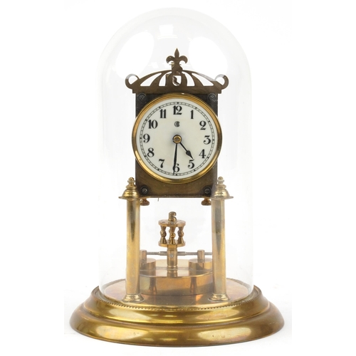 417 - Early 20th century brass anniversary clock with glass dome and enamelled dial having Arabic numerals... 