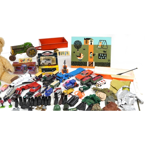 1557 - Vintage and later toys including Mettoy tinplate tractor with trailer, diecast vehicles, Dean's tedd... 