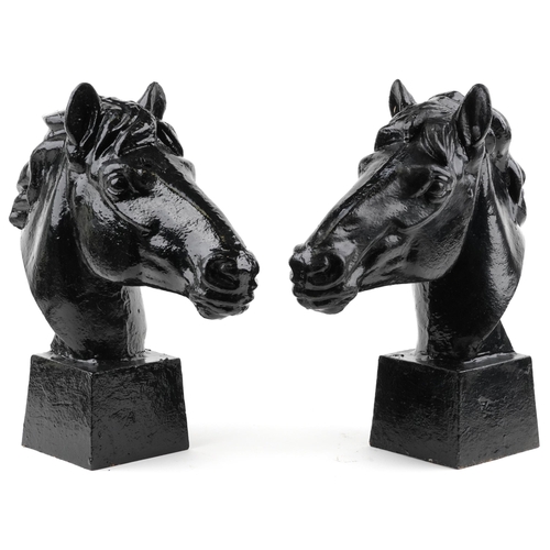 307 - Pair of classical black painted cast iron horseheads on tapering square bases, each 61.5cm high