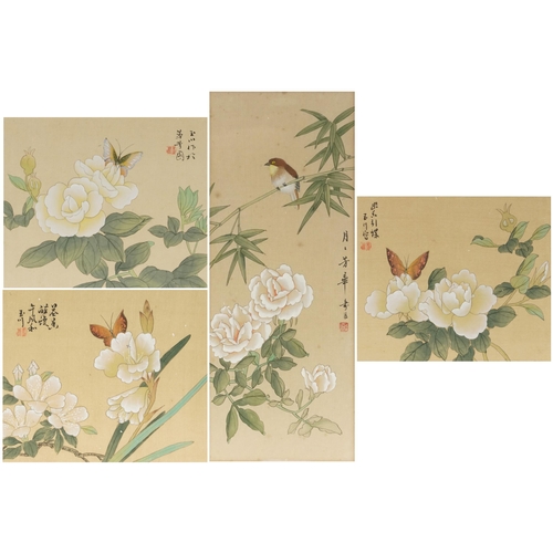 207 - Birds and butterflies amongst flowers, four Chinese watercolours onto silk, each with calligraphy an... 