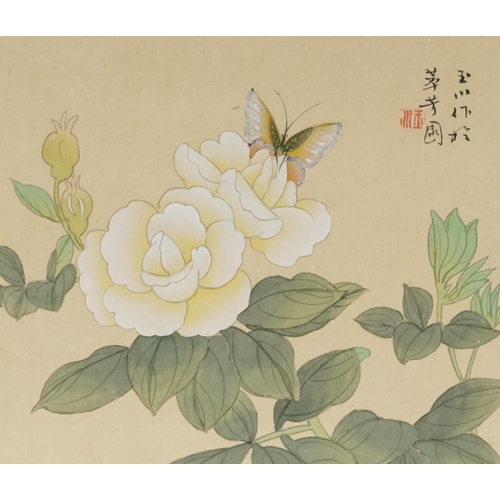 207 - Birds and butterflies amongst flowers, four Chinese watercolours onto silk, each with calligraphy an... 