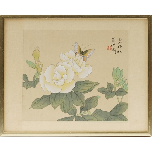 207 - Birds and butterflies amongst flowers, four Chinese watercolours onto silk, each with calligraphy an... 