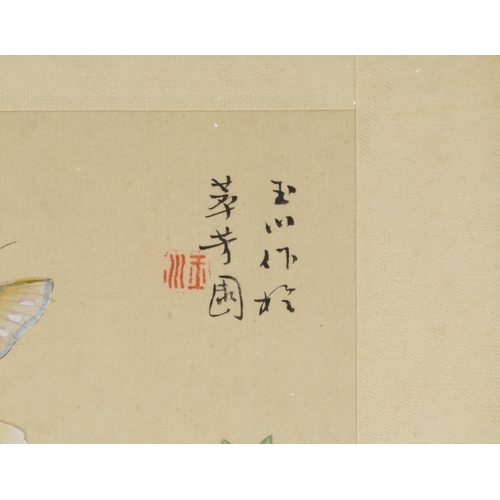 207 - Birds and butterflies amongst flowers, four Chinese watercolours onto silk, each with calligraphy an... 