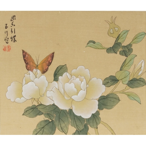 207 - Birds and butterflies amongst flowers, four Chinese watercolours onto silk, each with calligraphy an... 