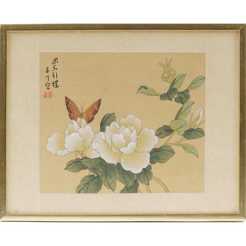 207 - Birds and butterflies amongst flowers, four Chinese watercolours onto silk, each with calligraphy an... 