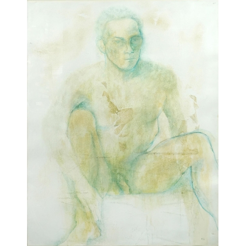 406 - Portrait of a seated nude male, mixed media on card, bearing a monogram MS, framed and glazed, 124cm... 