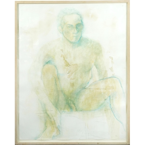 406 - Portrait of a seated nude male, mixed media on card, bearing a monogram MS, framed and glazed, 124cm... 