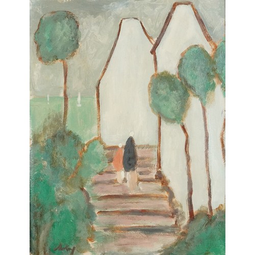 410 - Figures on a pathway beside cottages and water, Irish school oil on canvas in a gilt frame, 44.5cm x... 